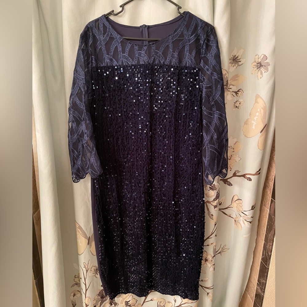 Sequin 3/4 Sleeve Sparkly Midi Dress Crewneck navy blue size XL